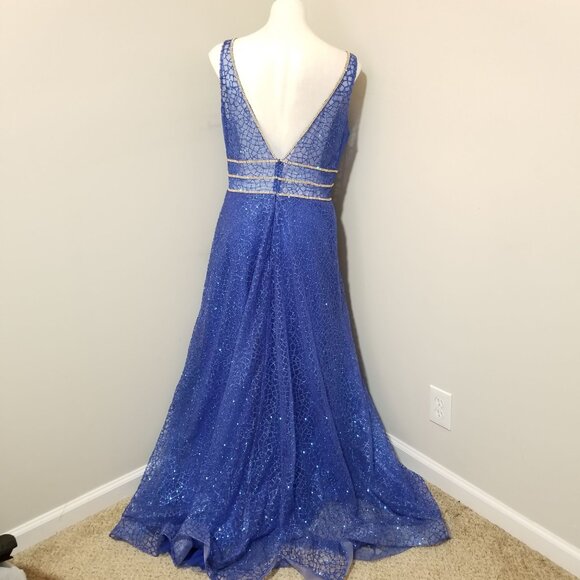 Sz XL Anny Lee Blue Glitter Plunge Illusion Gown with Gold and AB Crystal Trim - Picture 4 of 12